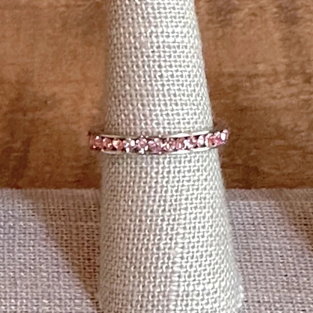 Pink Tourmaline Colored CZ Stainless Steel Eternity Band Ring October Birthstone - Picture 6 of 7